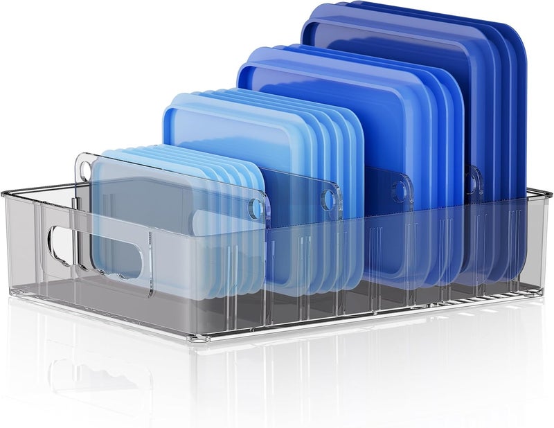 LYNG Lid Organizers Inside Cabinet, Clear Plastic Storage Lid Organizer With 4 Adjustable Dividers, Food Container Lid Organizer For Kitchen Pantry Grey - Image 1